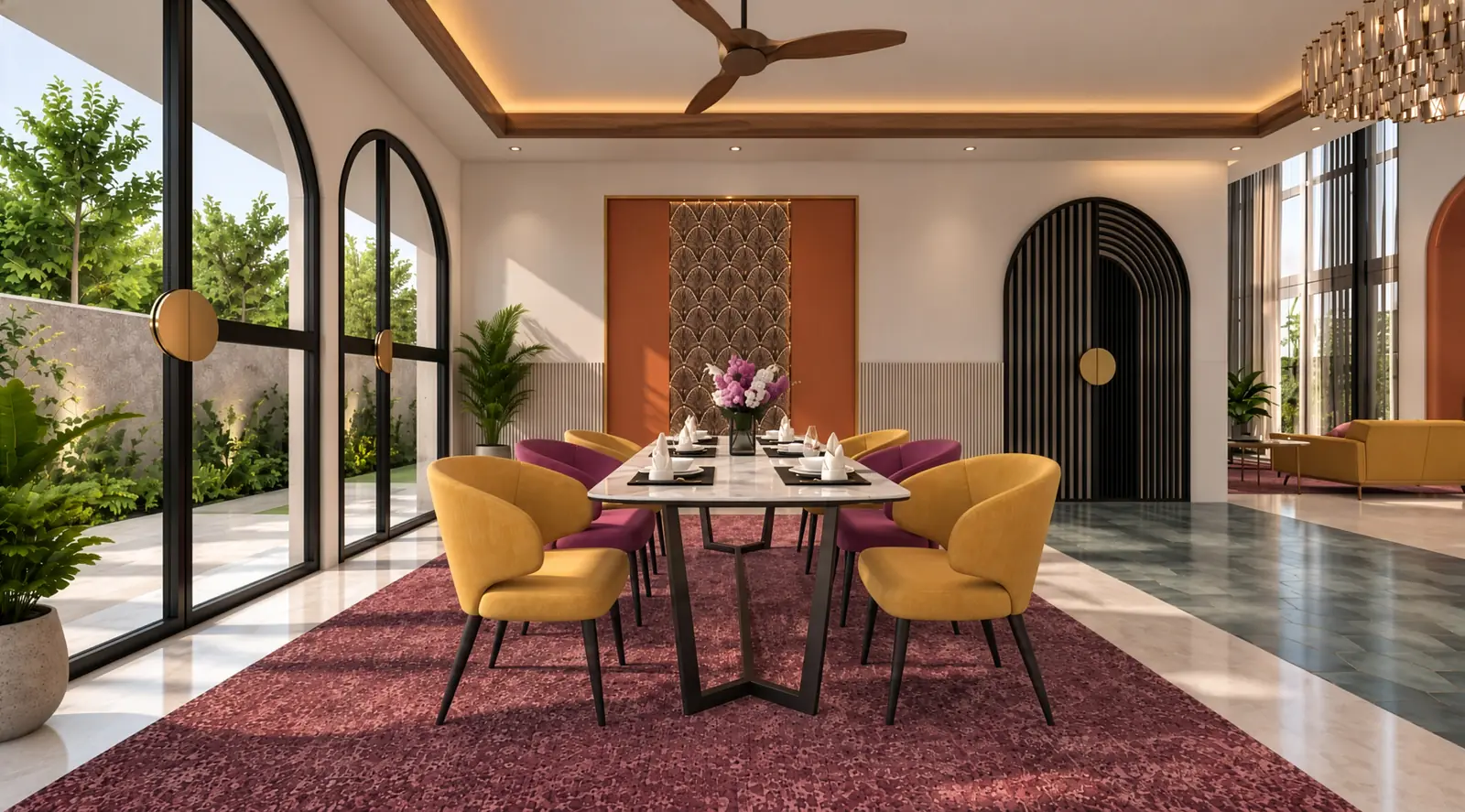 Lantern House — dining hall, arched windows to the garden