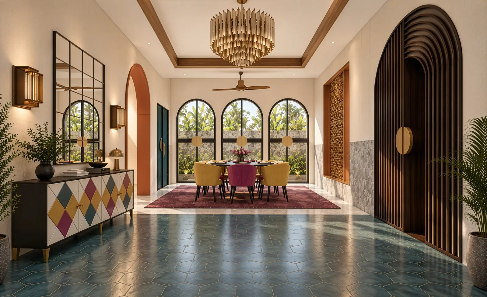Lantern House — dining hall, harlequin console and slatted arch