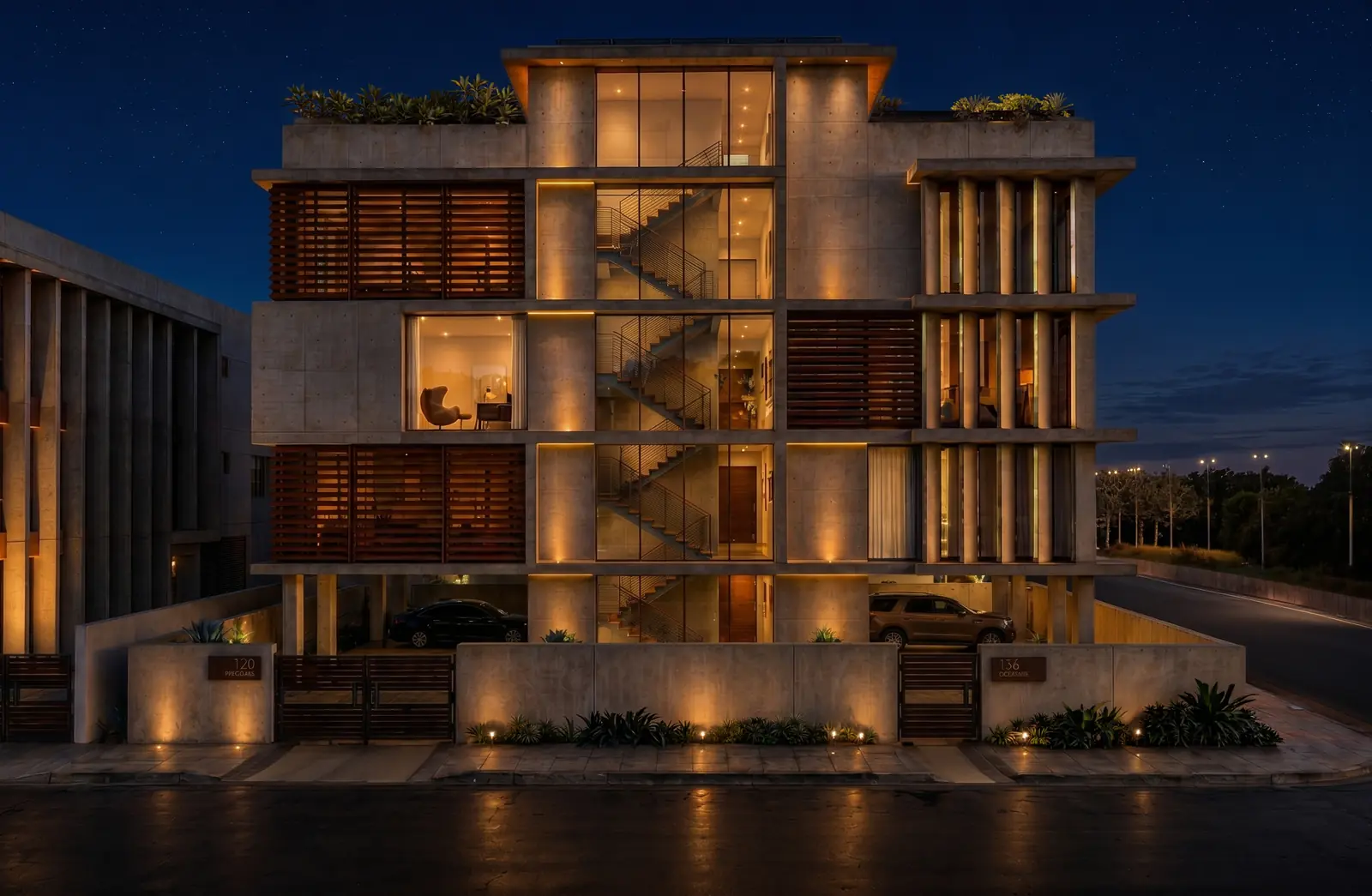 Madurai Complex — street elevation, night