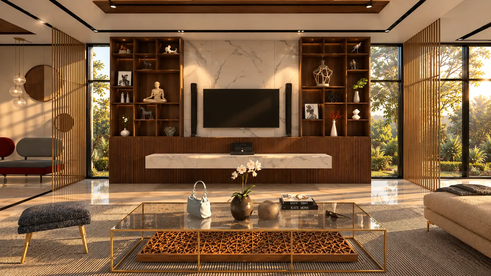 Ridge House — media wall, marble and timber slats